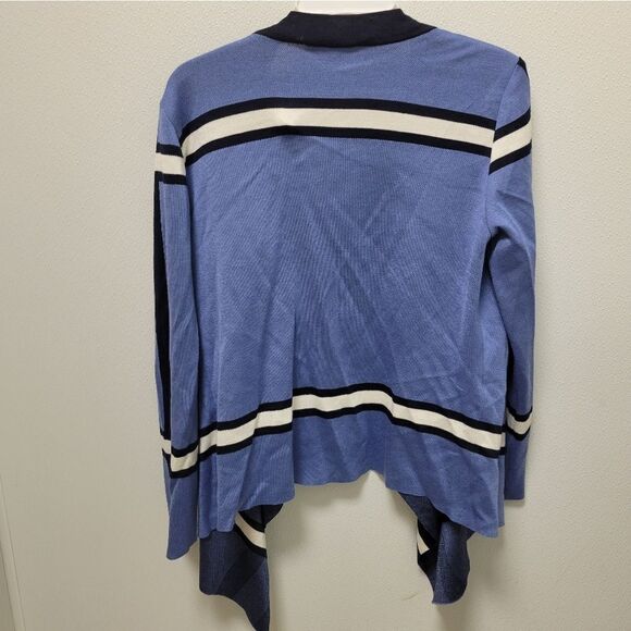 St. John’s Draped Waterfall Open Cardigan Blue White Stripe Knit Wool Blend M - Picture 10 of 11